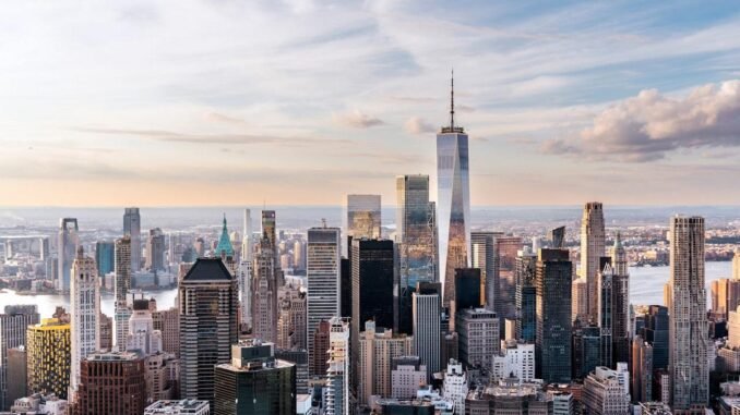 USA Jobs with Visa Sponsorship — New York City skyline and business district.